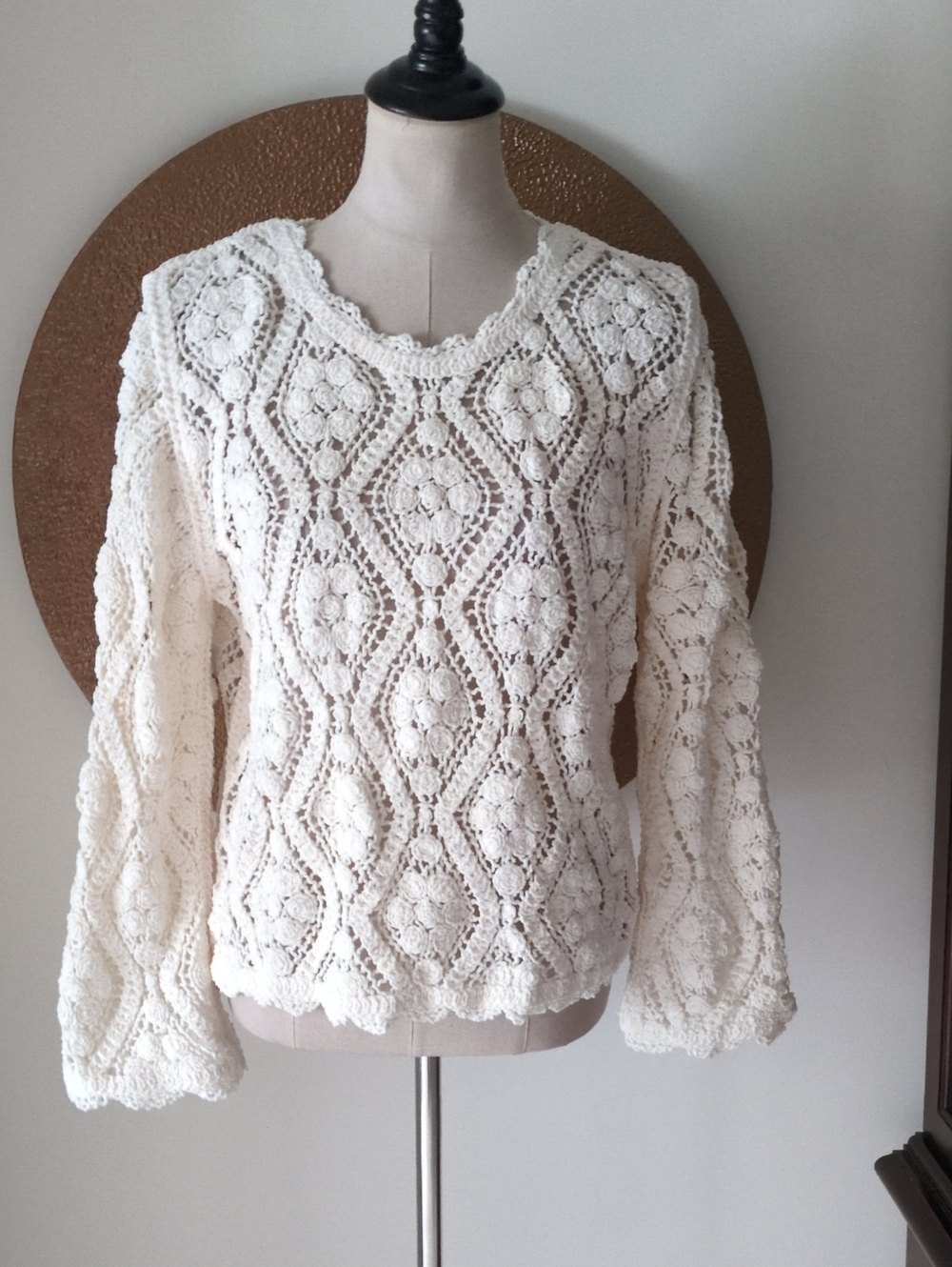 POL Cream Crochet Knit Long-Sleeve Pullover